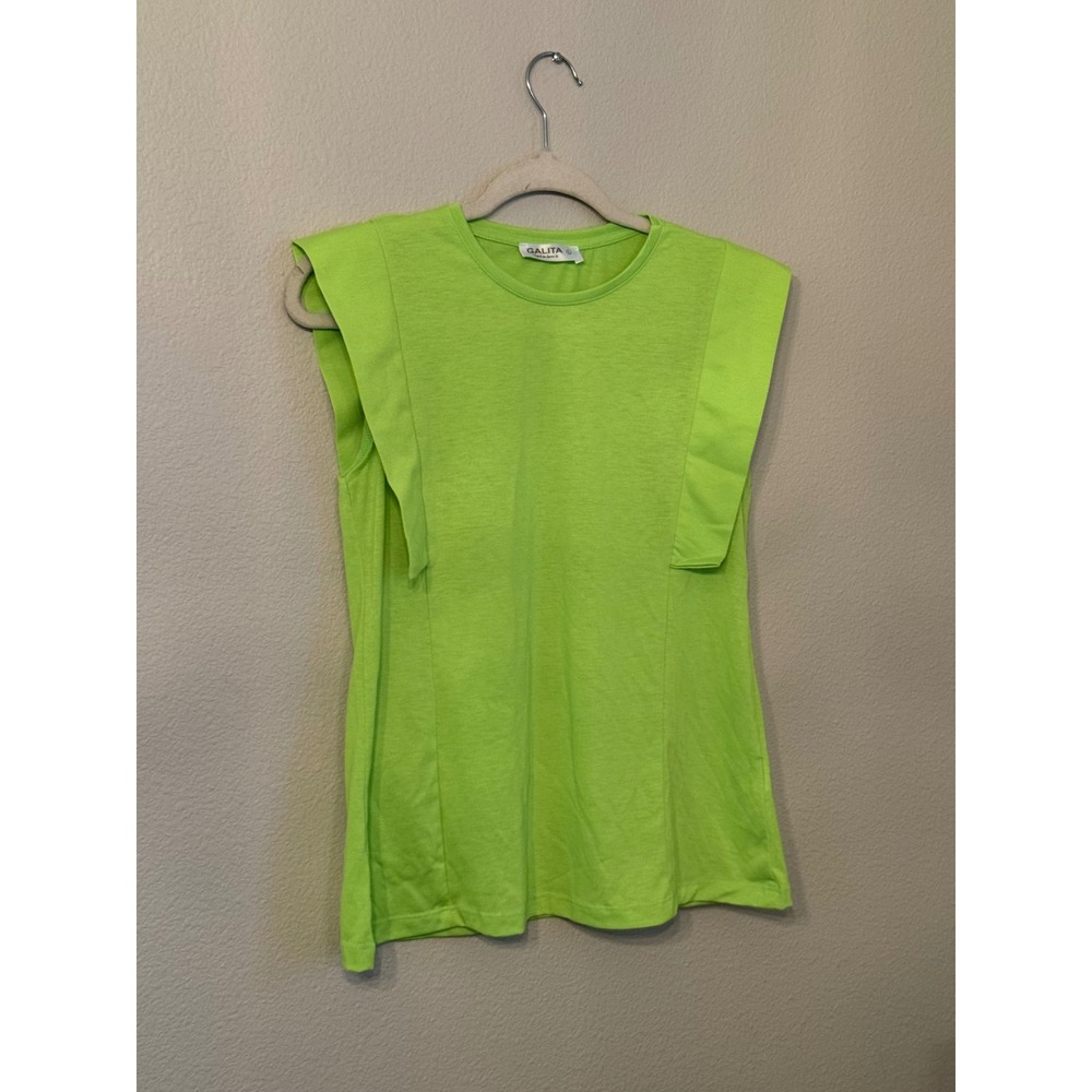 Galita Ruffle Shoulder Top Women Size L Neon Lime Green Excellent Cotton Tee